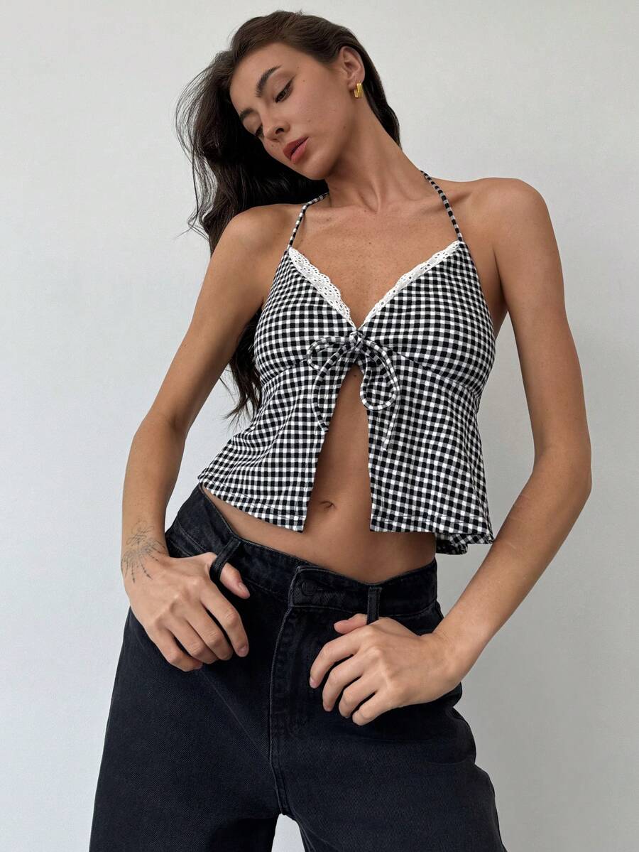 Aloruh Áo ren nữ chắp vá dây cổ kẻ sọc trắng đen lãng mạn hẹn hò ban đêm - Đen và trắng - Xem 1