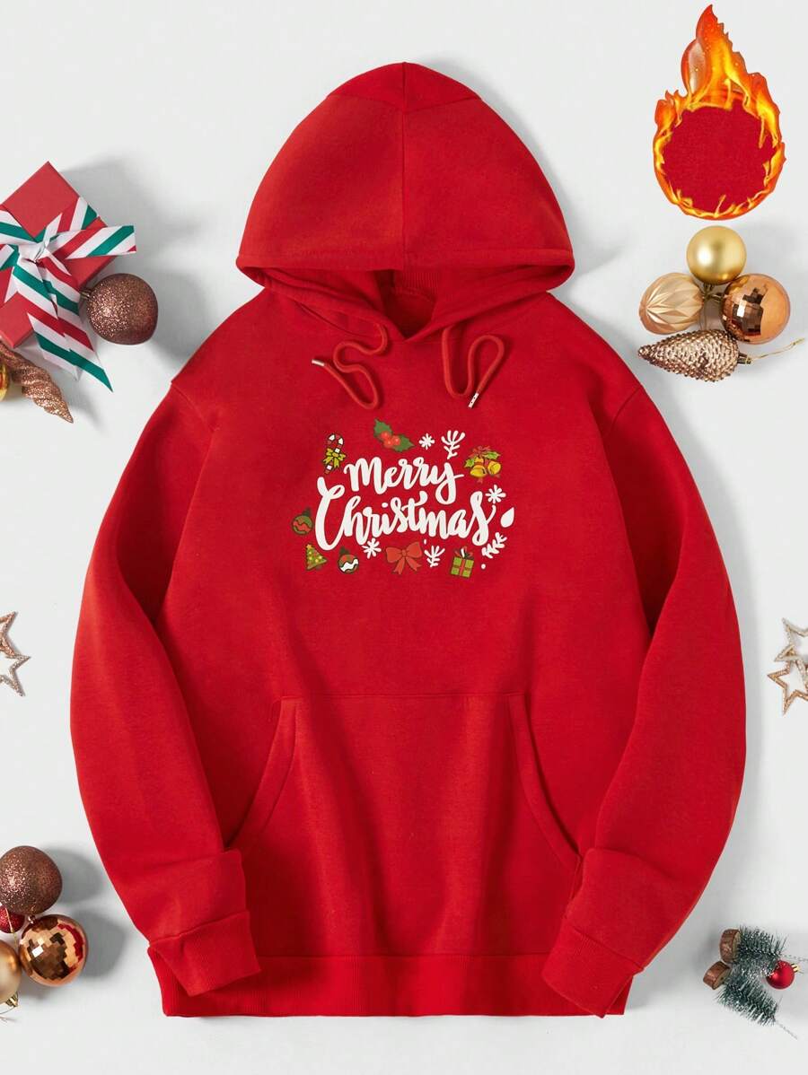 RueChic Men Christmas Print Kangaroo Pocket Drawstring Thermal Lined Hoodie - Red - View 1