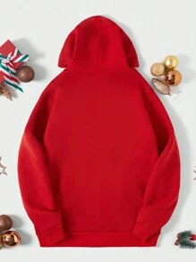 RueChic Men Christmas Print Kangaroo Pocket Drawstring Thermal Lined Hoodie - Red - View 2