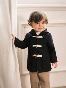 SHEIN 1 peça para bebês meninos com capuz de cor sólida com botão casual jaqueta macia roupa de manga comprida, adequada para brincadeiras ao ar livre de outono e inverno, férias, uso casual diário - Azul - Ver 3