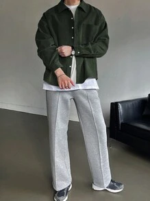 DAZY Camisa casual de manga larga con botones y bolsillo de unicolor para hombres, ropa de otoño, ropa de vuelta al colegio - Verde - Ver 5