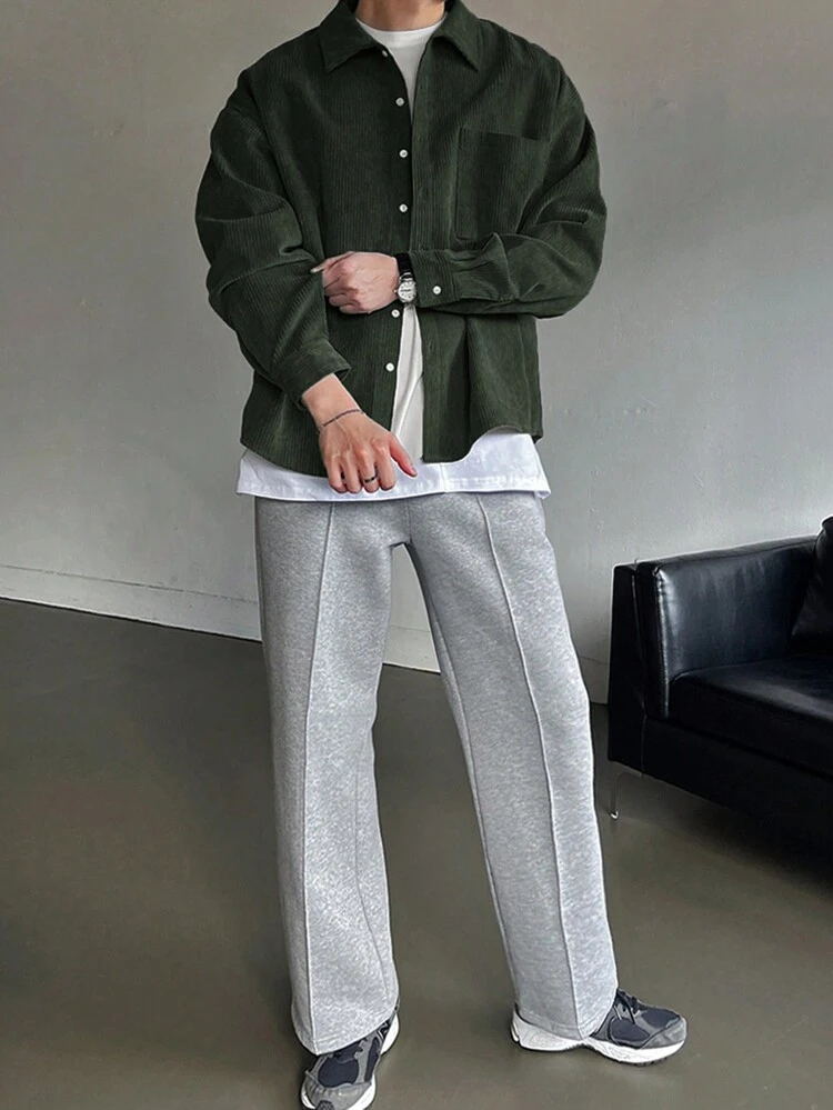 Men's Solid Color Button Front Long Sleeve Pocket Simple Casual Top,Fall Clothes,Back To School Clothes