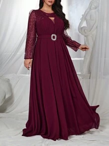 SHEIN Belle Burgundy Red Plus Size Burgundy Red Hollow Out Sequin Fabric Elegant Mother Of Bride Formal Dress