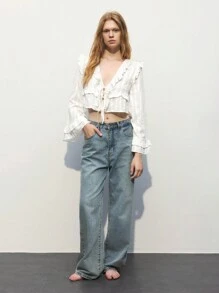 Maija Women's Solid Color Ruffle Tie-Front Bell Sleeve Crop Top, Flowing Blouse For Spring/Summer