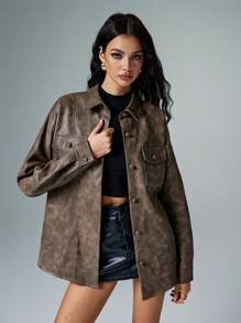 Poéselle Women's Brown PU Button Front Pockets Belted Long Sleeve Regular Coat Autumn Winter Clothes For Women - Brown - View 4