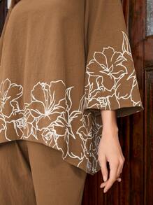 Mulvari Bộ 2 chiếc áo và quần cổ chữ V thêu hoa bất đối xứng thanh lịch dành cho nữ - Cà phê nâu - Xem 8