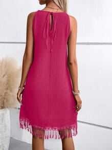 SHEIN LUNE 纯色圆领流苏下摆无袖夏装 - 玫紅色 - 查看 2