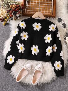 Tween Girls' Floral Pattern Knit Sweater, Spring Autumn - Black - View 2