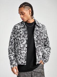 Manfinity VCAY Men's Digital Print Loose Fit Long Sleeve Jacket, For Fall Winter - Black and White - View 1