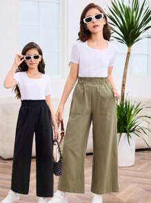 SHEIN 青少年女孩 2 件套休闲纯色舒适圆领 T 恤和裤子 - 軍綠色 - 查看 1