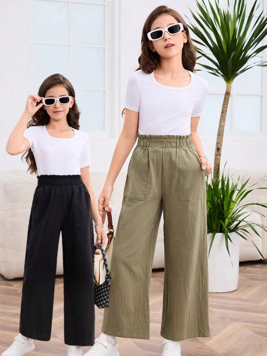 SHEIN 青少年女孩 2 件套休闲纯色舒适圆领 T 恤和裤子 - 軍綠色 - 查看 1