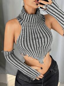SHEIN ICON Blusa corta de punto de triángulo invertido gris oscuro con bufanda para mujer, estilo Y2K - Gris Oscuro - Ver 6