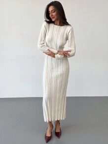 Aloruh 全新圆领长款保暖舒适针织休闲通勤连衣裙 - 米色 - 查看 5