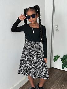 SHEIN Tween Girls' Streetwear Ditsy Floral Patchwork Knit Crew Neck Long Sleeve Dress
