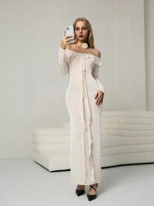 Chiquease Women's Elegant Off-Shoulder Flounce Split Dress Fall Cloth For Women - Apricot - View 1