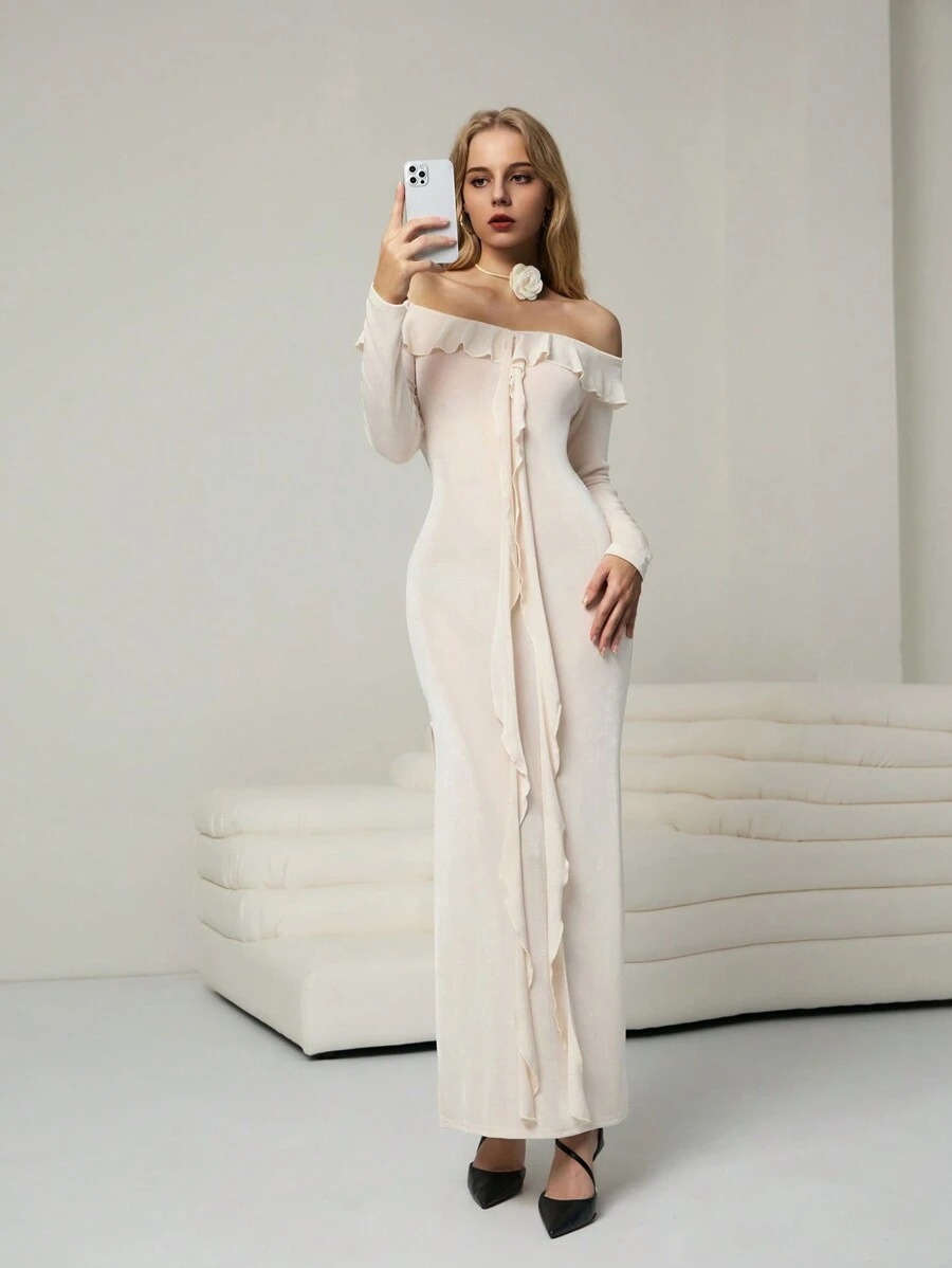 Chiquease Women's Elegant Off-Shoulder Flounce Split Dress Fall Cloth For Women - Apricot - View 1