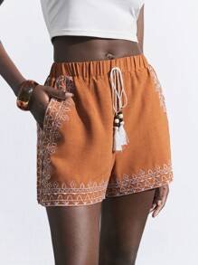 Maija Orange Positioning Print Women's Shorts, Suitable For Spring/Summer, Vacation, Holidays, Beach