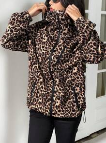 SHEIN EZwear Veste à capuche ample à col montant imprimé léopard pour l'automne/hiver, décontractée et extérieure. Veste décontractée pour femmes avec cordon de serrage, poches, fermeture éclair, épaules tombantes et imprimé tout-sur-brun, imprimé léopard, motif texturé, pour le printemps/l'automne, pour un port casual quotidien