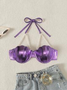 SHEIN Swim Shell Padded Halter Neck Bikini Top Summer - Purple - View 6