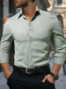 Manfinity Mode Men's Solid Color Long Sleeve Casual Shirt, Spring And Autumn - Light Grey - View 1