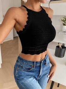 SHEIN Frenchy Áo yếm có dây buộc bằng vải có họa tiết nối ren dành cho nữ - màu đen - Xem 3
