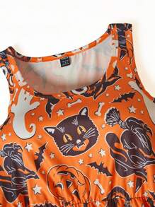 女士橙色万圣节南瓜和猫全身印花圆领无袖荷叶边收腰 A 字裙，带松紧下摆，秋季节日派对服装 - 橘色 - 查看 7