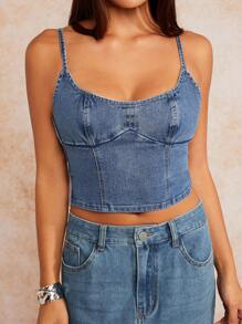 Forever 21 Lato, jesień i zima Kobieta niebieski sprany Y2K/Seksowny/Vintage/Styl gorsetowy/Halloween/Podstawowe/Uroczy/Kwadratowy dekolt Denim Top/Top bez rękawów/Kamizelka