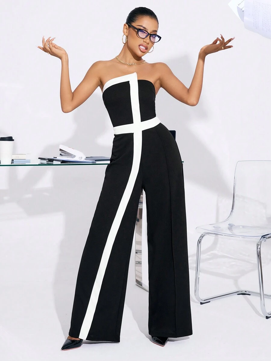 SHEIN SXY Office Siren 秋季女装无袖撞色直筒连体裤办公室服装 - 黑與白 - 查看 1