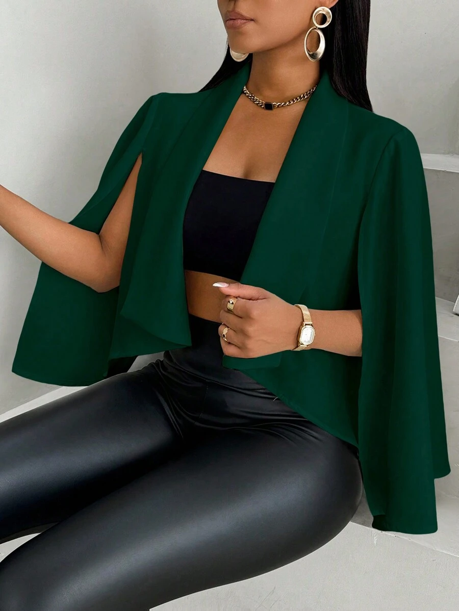 VaVaBold Chaqueta de blazer de cuello chal recortada de unicolor elegante para mujer, para trabajo, primavera y otoño - Verde - Ver 1