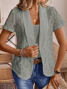 SHEIN LUNE Women's Casual Solid Color Lace Collar Short Sleeve Jacket, Spring And Summer - Grey - View 4