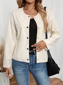 EMERY ROSE Women's Solid Color Button-Front Long Sleeve Minimalist Jacket Casual Daily Wear - Apricot - View 1