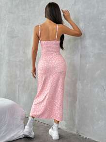 SHEIN EZwear 女式花卉印花针织侧开衩长款吊带连衣裙，度假 - 淺粉色 - 查看 3