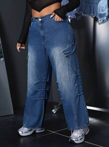 SHEIN ICON Plus Size Casual Washed Straight Leg Cargo Jeans - Blue - View 6