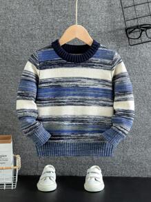 Suéter de niño, con patrones a rayas de colores en bloque, tejido, disponible en azul marino, azul oscuro, negro y blanco, adecuado para uso casual, fiestas y diversas ocasiones.