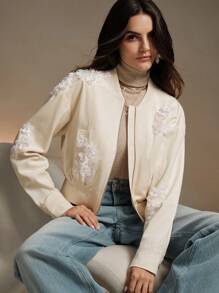 Anewsta 3D 花卉松紧腰女式夹克 - 白色 - 查看 1