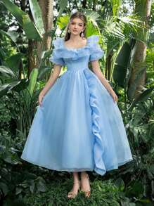 Vestido de fiesta de graduación Faeriesty con cuello cuadrado, mangas abultadas, volantes y organza. Perfecto para volver al colegio, reuniones, bailes y eventos de cóctel - Celeste - Ver 2