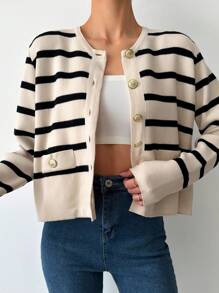 SHEIN Tall Striped Pattern Button Front Cardigan - Beige - View 4