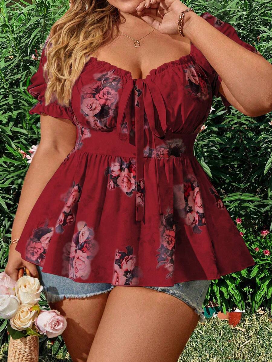 Flirla Plus Size Boho Sweetheart Neck Short Sleeve Floral Printed Peplum Blouse , For Summer - Burgundy - View 1