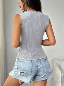 SHEIN Unity 純色褶皺蕾絲連帽無袖針織上衣，休閒日常穿搭 - 灰色 - 查看 2