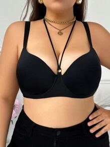 Plain Solid Color Minimalist Lace-Up Halter Neck Wireless Padded Bra For Women, Plus Size , Black - Black - View 4