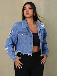 SHEIN ICON Chaqueta vaquera de manga larga con desgarros, botones delanteros, bolsillos y dobladillo deshilachado de unicolor para tallas grandes