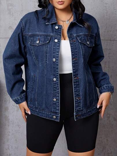 SHEIN EZwear Plus Size Solid Color Front Button Pocket Long Sleeve Denim Jacket