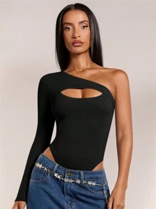 SHEIN BAE Women's Solid Color Asymmetric Neck Sexy Hollow Out Bodysuit - Black - View 5