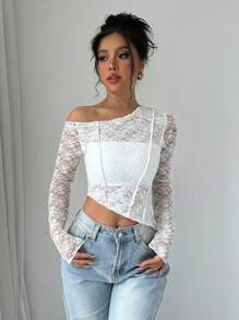 Chiquease Women's Solid Color Lace Asymmetrical Hem Long Sleeve Blouse Fall Cloth For Women - White - View 6