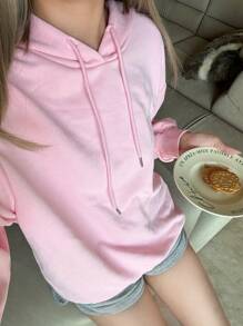 Muchica Women's Casual Minimalist Smiling Face Print Loose Fit Hooded Lightweight Pullover Sweatshirt In Pink, Fall/Winter - Baby Pink - View 4