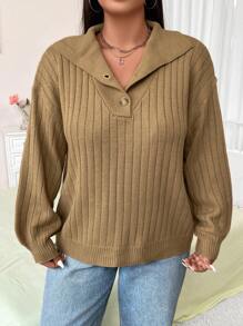 Flirla Plus Size Simple Solid Color Half Button Long Sleeve Sweater Knit Pullover Fall Winter - Khaki - View 3