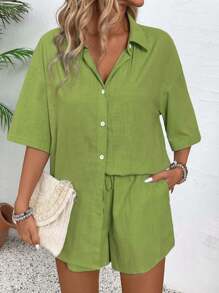 EMERY ROSE Solid Button Front Blouse& Drawstring Waist Shorts - Lime Green - View 6