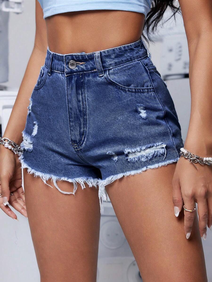 SHEIN PETITE Quần short denim rách rưới cài nút phía trước nhiều túi cho nữ, quần Jort, trang phục thường ngày - Rửa tối - Xem 1