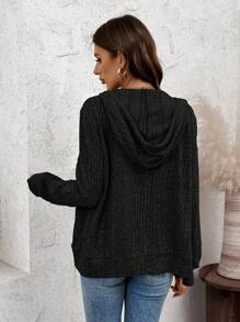 SHEIN LUNE Asymmetrical Brushed Ribbed Grey Zip-Up Hoodie For Women - Black - View 2