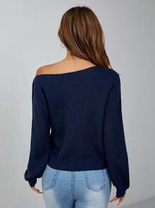 SHEIN PETITE Pullover Slanted Shoulder Ribbed Women's Sweater,Long Sleeve Tops
